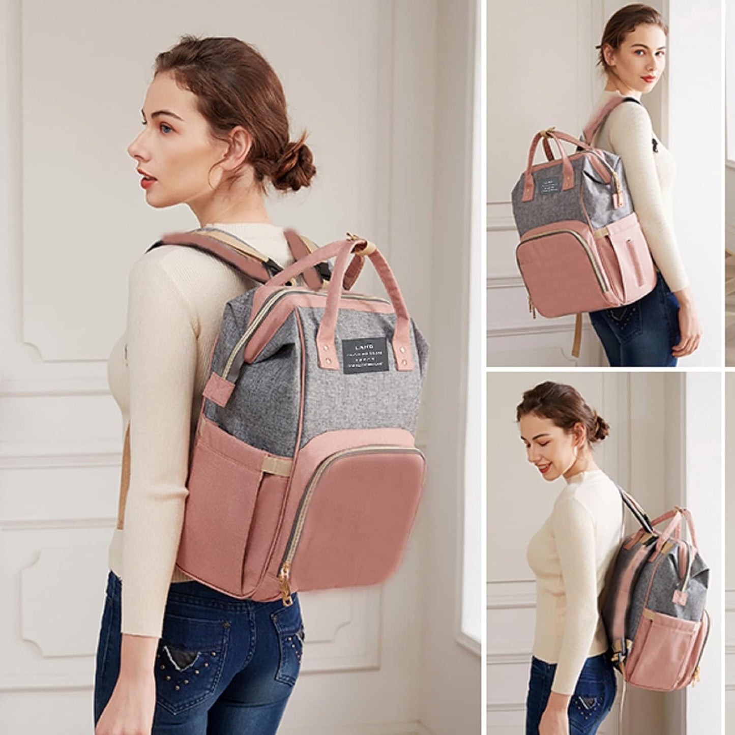 Diaper Bag with Changing Station,Diaper Bag Backpack,7 in 1 Travel Diaper Bag,Mommy Bag with USB Charging Port (Pink-Grey)