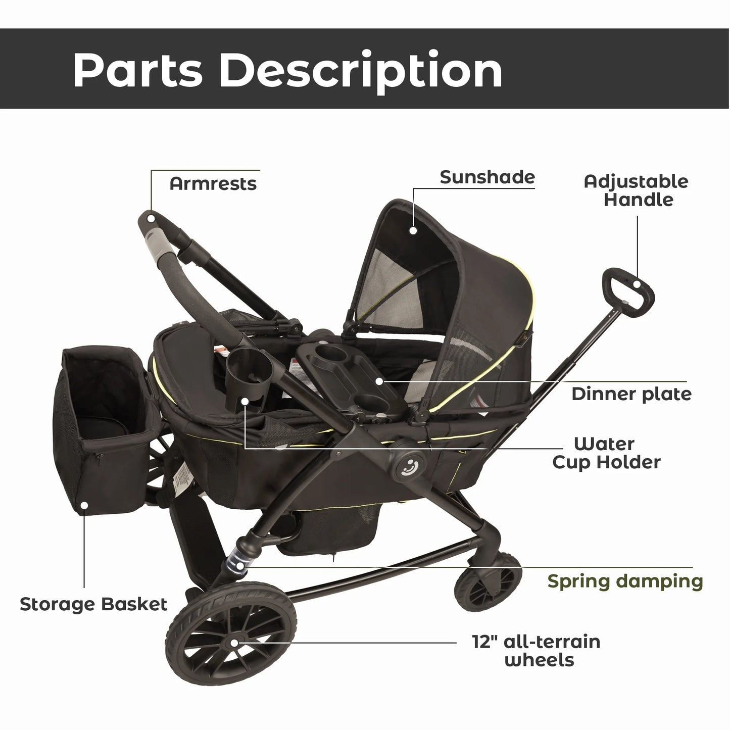 Unisex 2-Seat Wagon Stroller Folding Baby Stroller with Adjustable Canopy, 6 Months - 5 Years Old