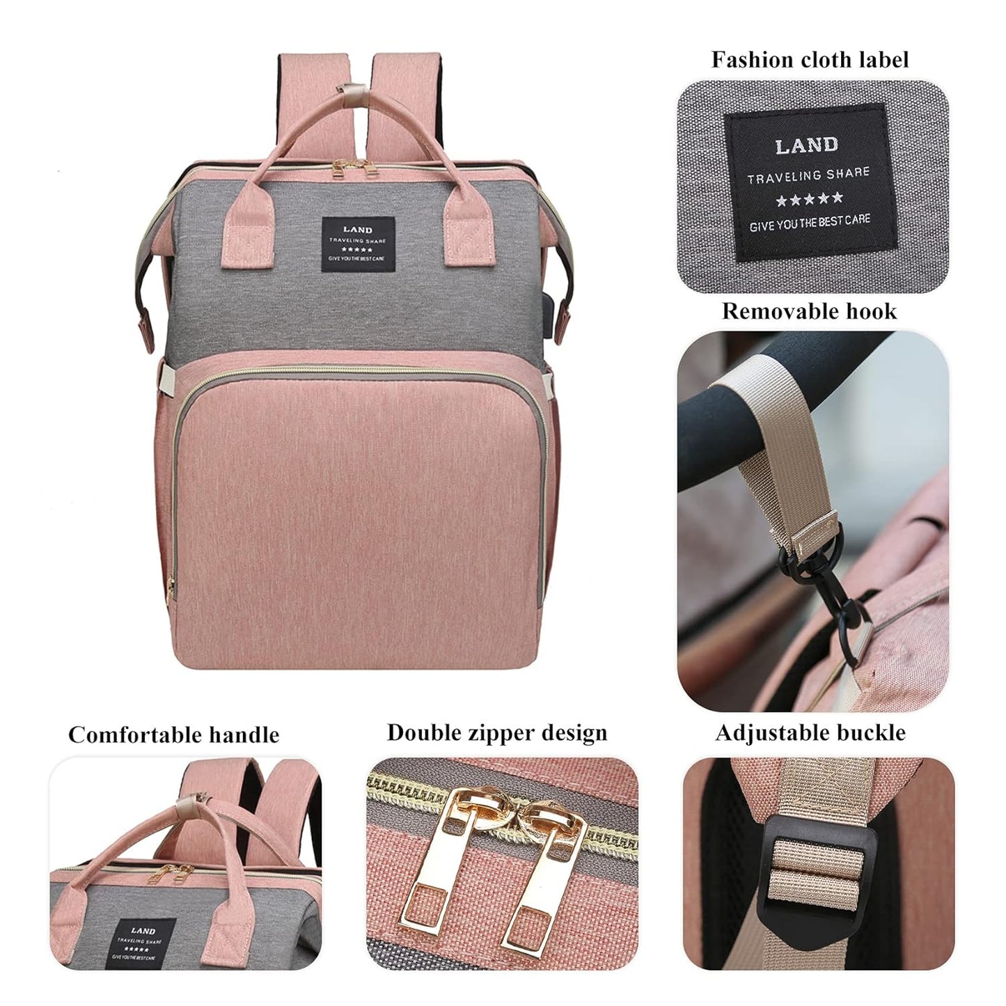 Diaper Bag with Changing Station,Diaper Bag Backpack,7 in 1 Travel Diaper Bag,Mommy Bag with USB Charging Port (Pink-Grey)