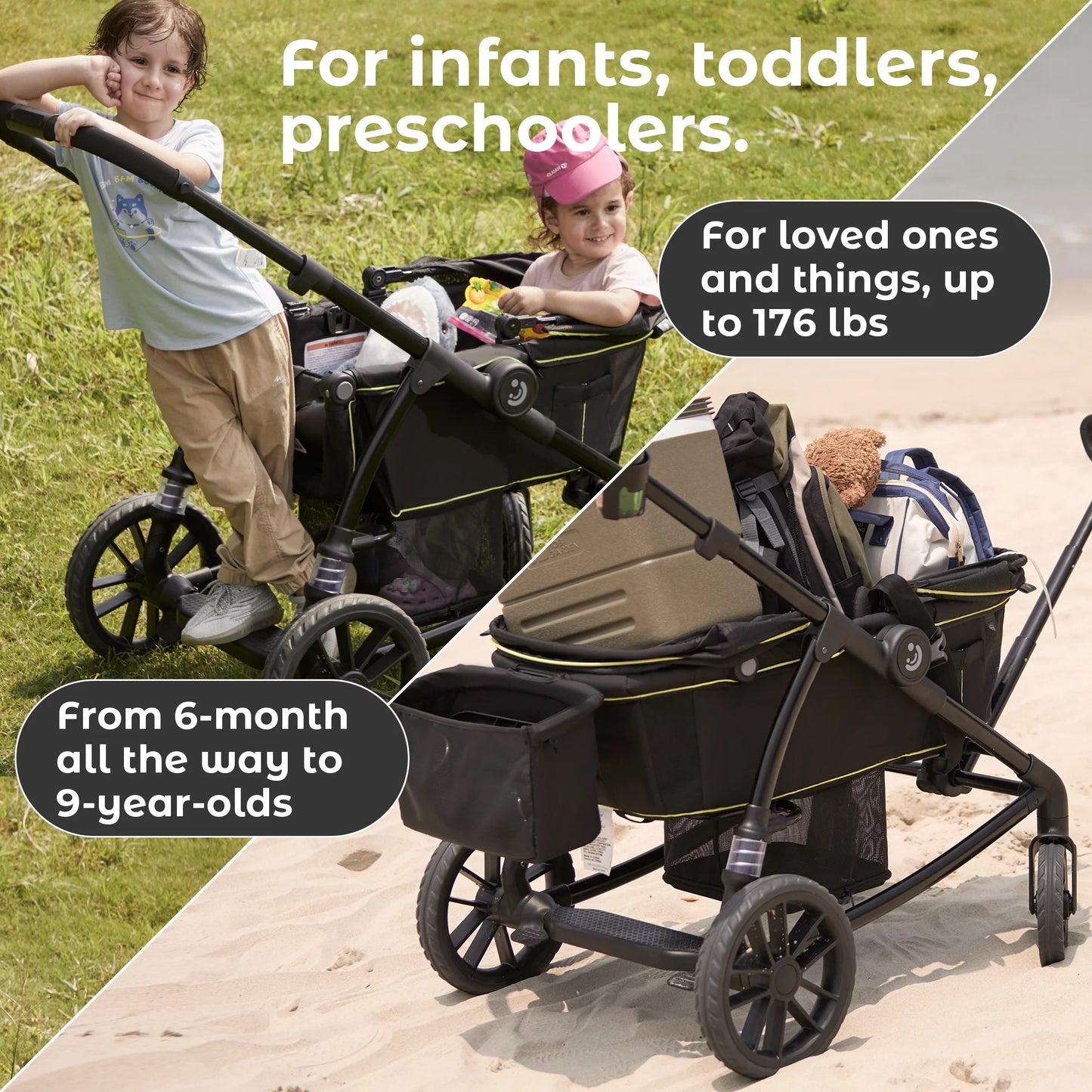 Unisex 2-Seat Wagon Stroller Folding Baby Stroller with Adjustable Canopy, 6 Months - 5 Years Old