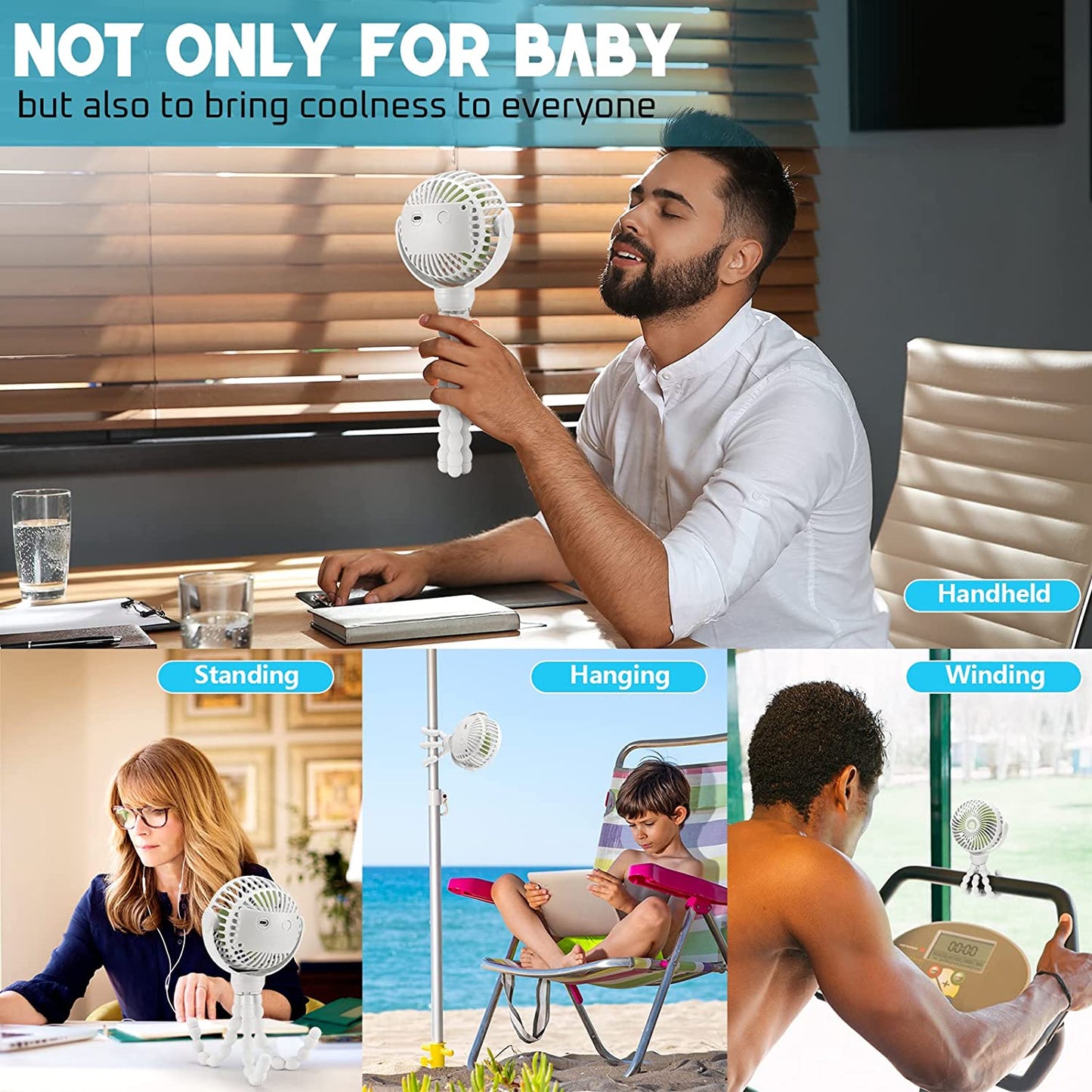 Upgraded Portable Baby Stroller Fan, 360°Rotate Rechargeable Mini Clip on Fan with Flexible Tripod for Stroller Treadmill Crib Car Seat Travel, 4000Mah Battery Powered Handheld Fan (White)