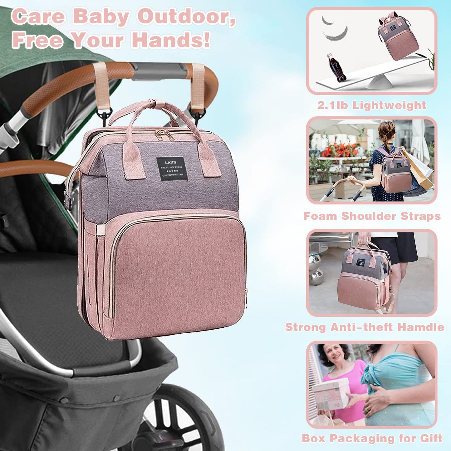 Diaper Bag with Changing Station,Diaper Bag Backpack，7 in 1 Travel Diaper Bag,Mommy Bag with USB Charging Port (Pink-Grey)